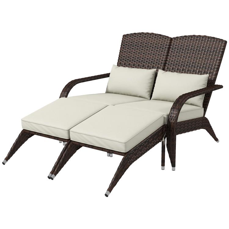 Two-seat wicker adirondack chair with cream cushions and tall backrest