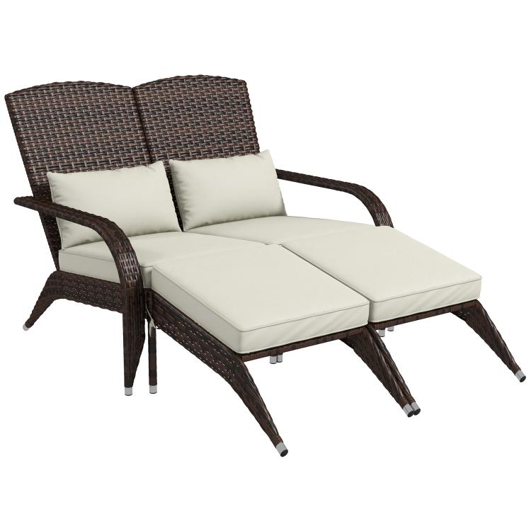 Two-seat high-back Adirondack chair, dark wicker frame with cream seat cushions and arms