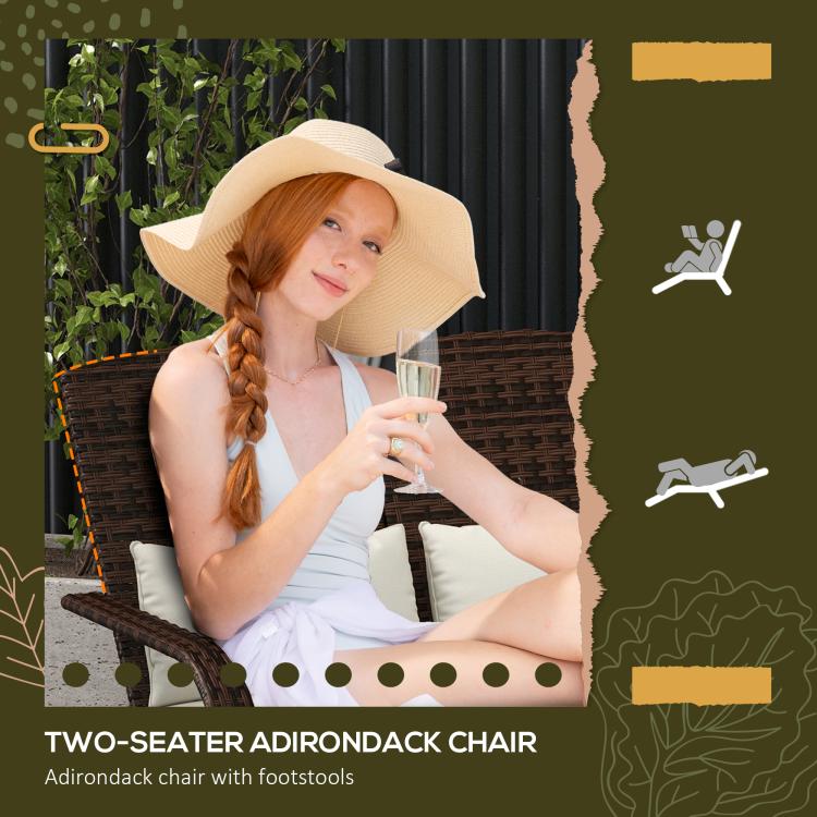 Person relaxing on a cream-cushioned wicker two-seat adirondack chair outdoors