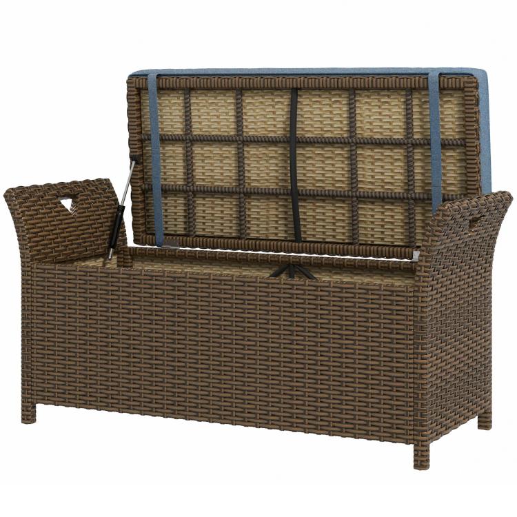 Outdoor wicker storage bench with dark blue lid and cushion, back view.