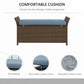 Outdoor storage bench with dark blue cushion and removable cover concept.