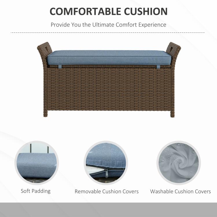Outdoor storage bench with dark blue cushion and removable cover concept.
