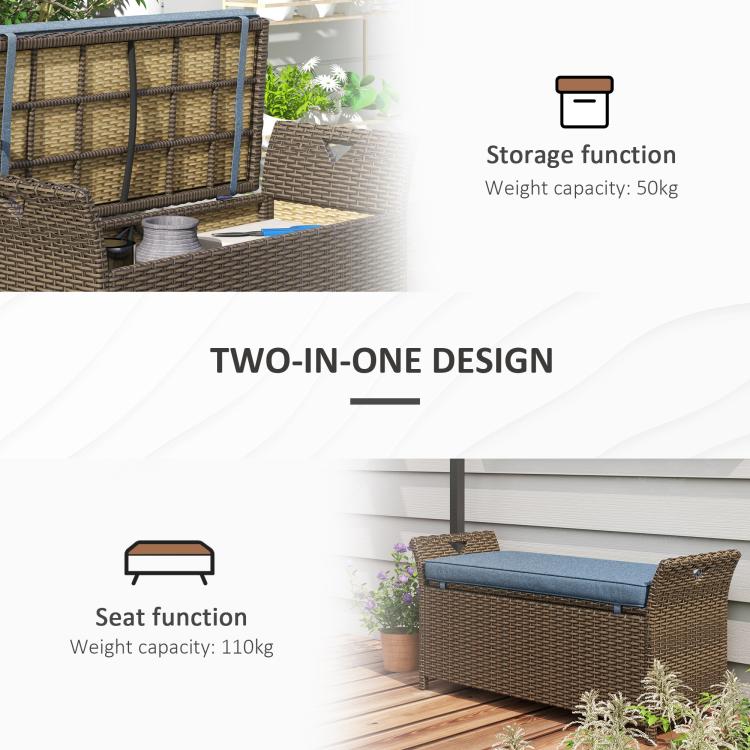 Outdoor wicker storage bench showing lift lid storage and seat function.