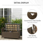Outdoor wicker storage bench with side handle and gas spring hinge detail.