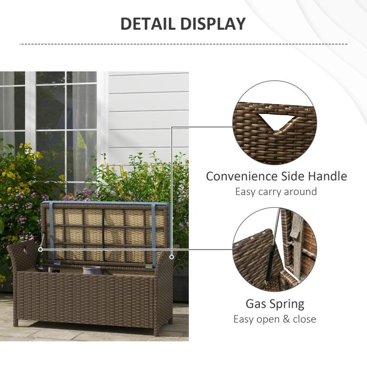 Outdoor wicker storage bench with side handle and gas spring hinge detail.