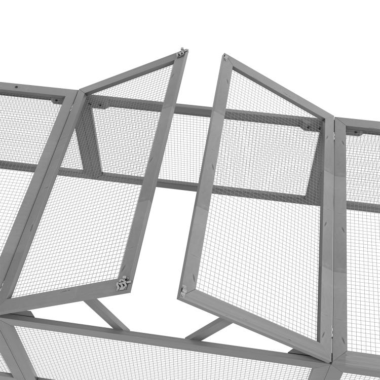 Gray rabbit hutch wire-mesh doors shown open, hinged panels and frame close-up