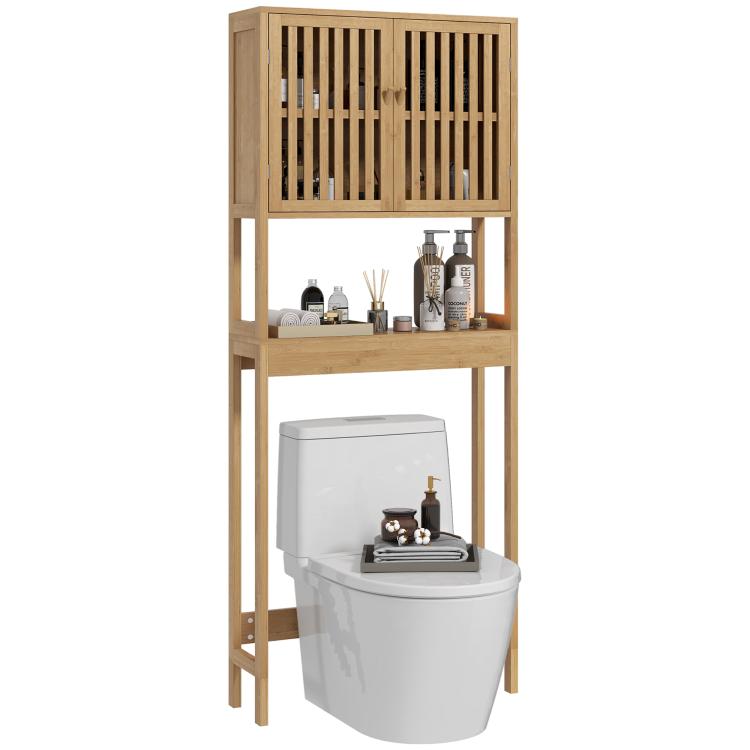 Natural bamboo over-toilet storage cabinet with slatted double doors and open shelves