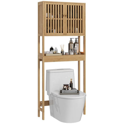 Natural bamboo over-toilet storage cabinet with slatted double doors and open shelves