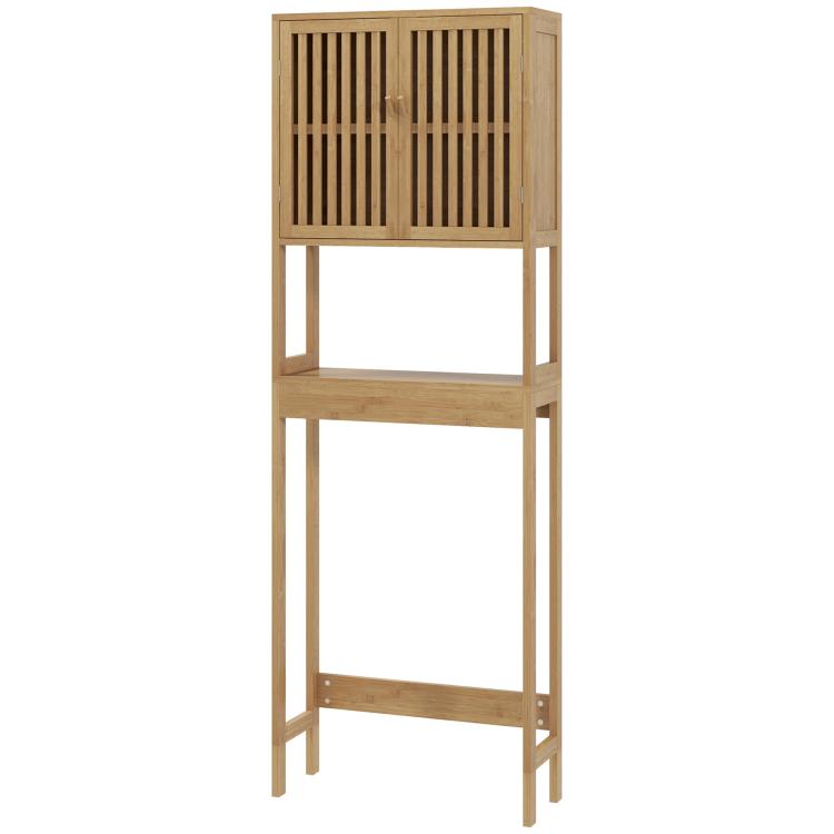 Natural bamboo over-toilet cabinet with slatted doors and two open shelves