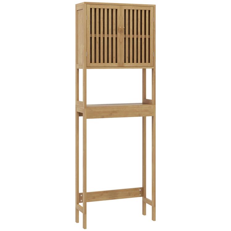 Natural bamboo over-toilet cabinet with upper slatted door, lower open area
