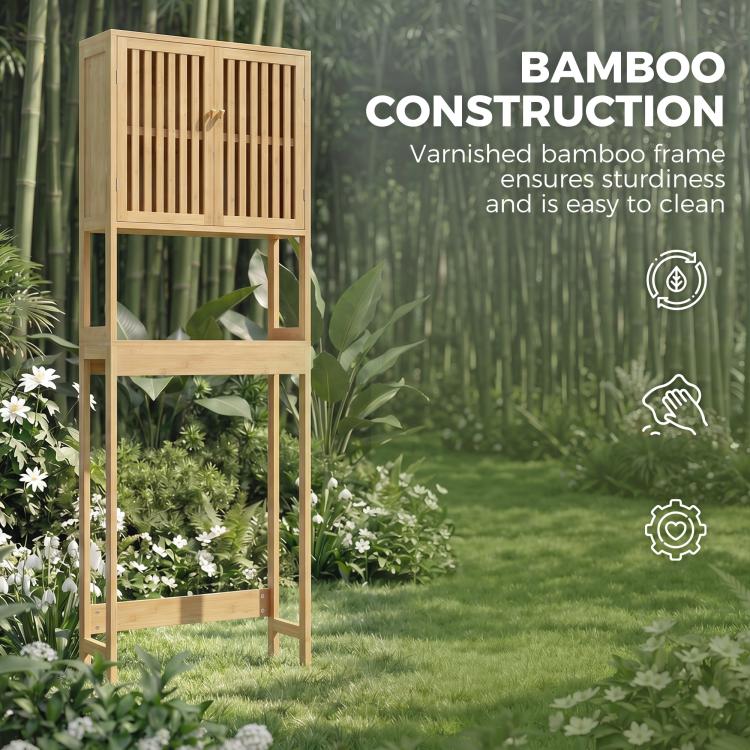 Varnished bamboo over-toilet storage cabinet with slatted doors and open shelves