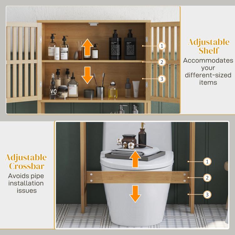 Bamboo over-toilet cabinet with adjustable shelf and interior crossbar supports