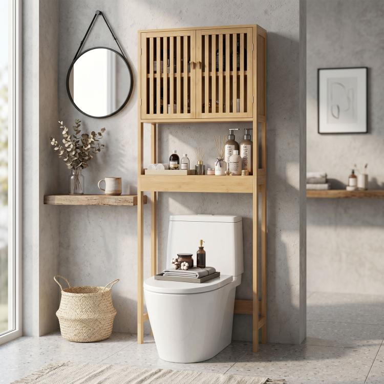 Natural bamboo over-toilet storage cabinet with slatted doors and open storage shelves