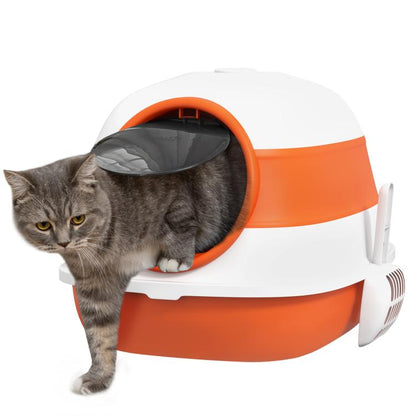 Covered cat litter box with lid, white and orange, with arched entry ring