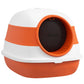 Covered cat litter box with lid and oval entrance, white exterior with orange trim