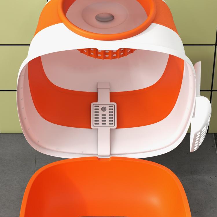 White and orange dome cat litter box with hinged lid and front access opening