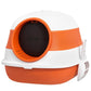 White and orange covered cat litter box with circular entrance opening and side handle