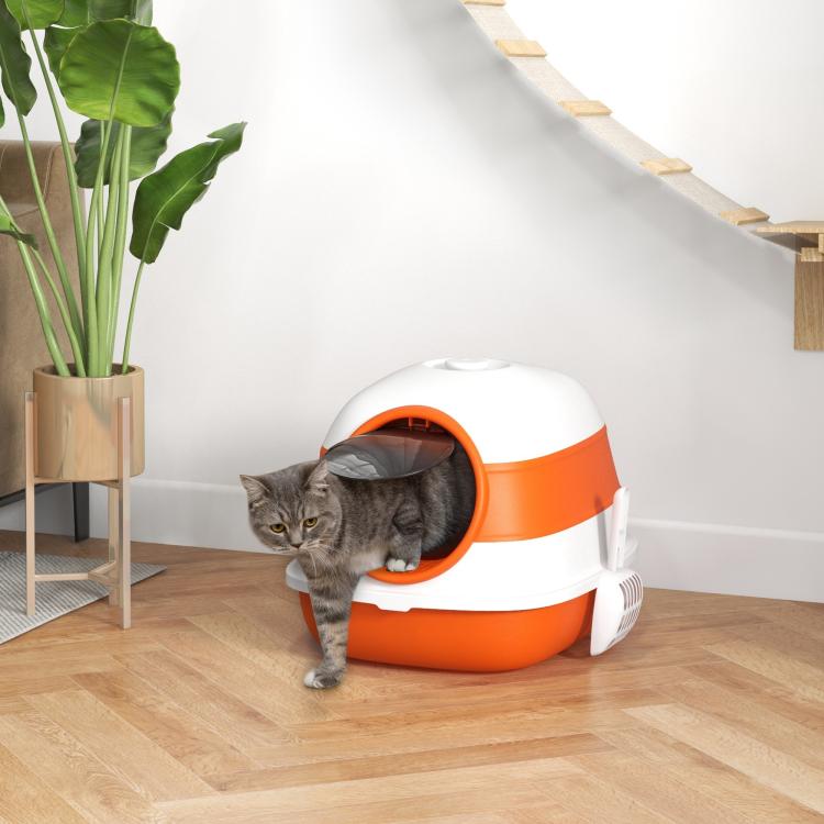 Dome covered cat litter box with lid, white body and orange front entry ring