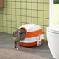Covered cat litter box with lid, white and orange dome entrance for cats