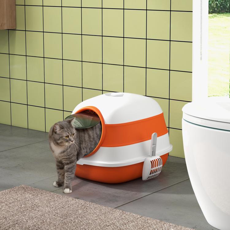 Covered cat litter box with lid, white and orange dome entrance for cats