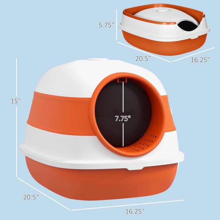 Dome cat litter box with lid, white and orange, size view with oval entrance