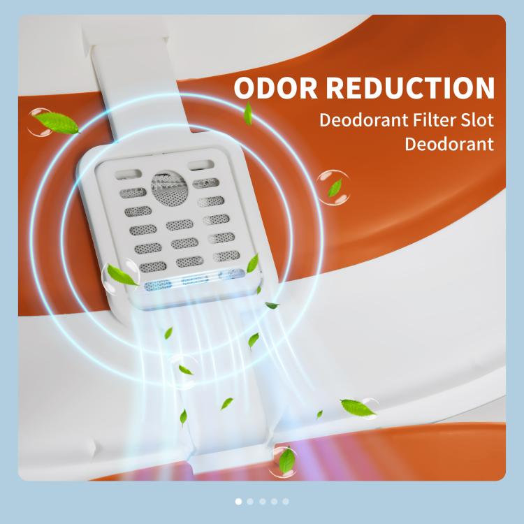 Covered cat litter box with odor-reduction filter slot near orange entrance panel