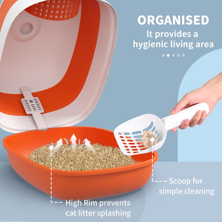 Open dome cat litter box with lid, white and orange, scoop showing inside litter