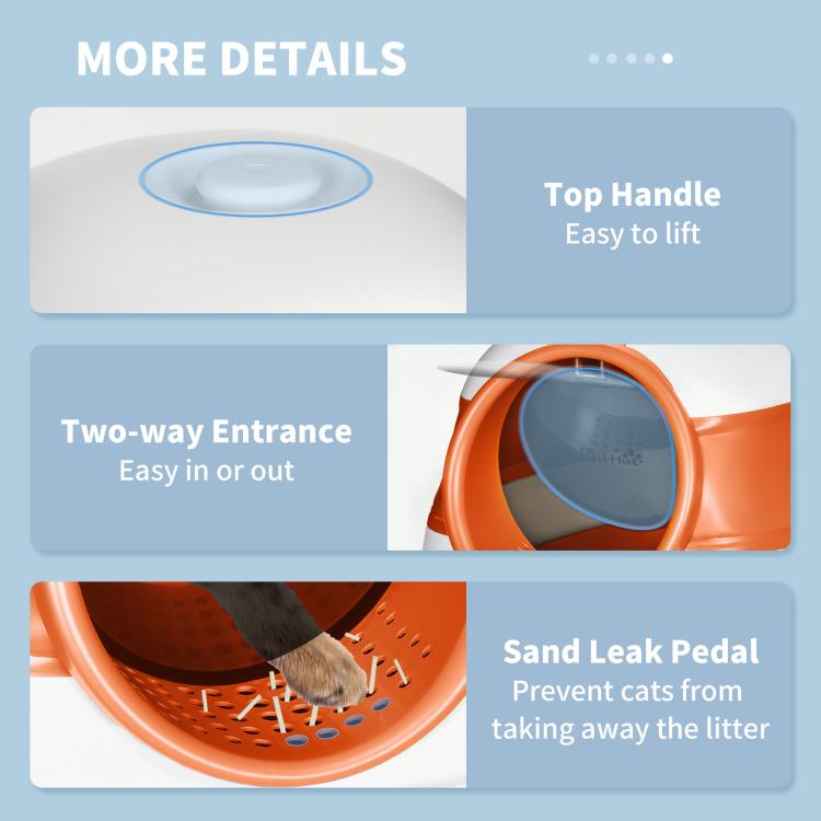 Dome cat litter box details: top handle, two-way entrance, and sand leak pedal