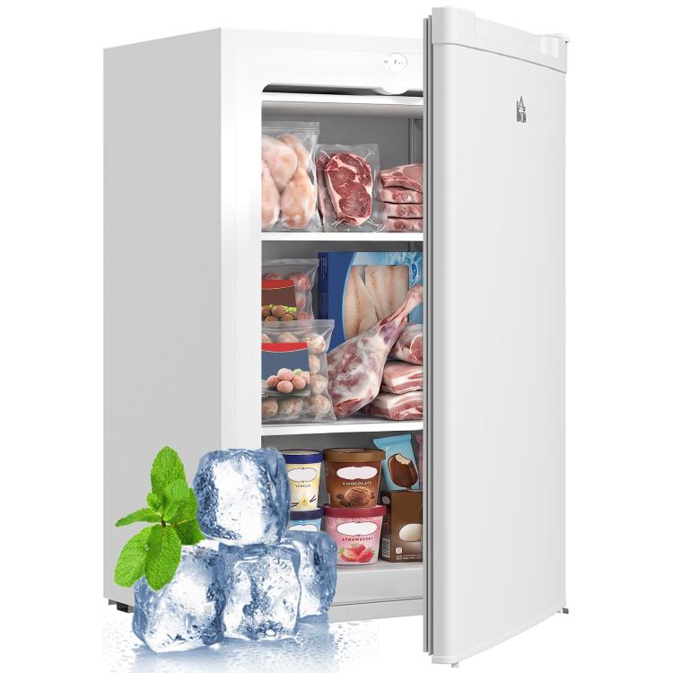 White upright freezer with open reversible door, shelves stocked with frozen foods