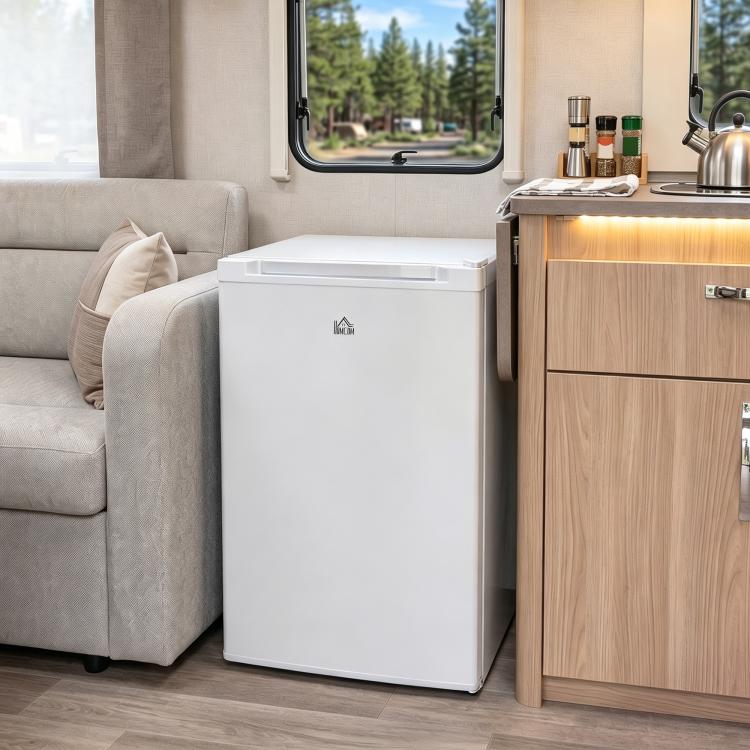 White upright single-door freezer, front view with handle and logo