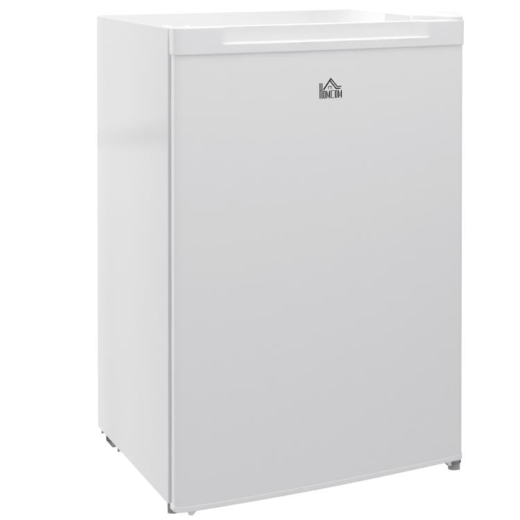 White upright single-door freezer with logo and visible front legs