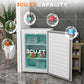 White upright freezer with open door, teal interior and food storage shelves