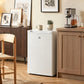 White upright freezer with closed door in a kitchen setting