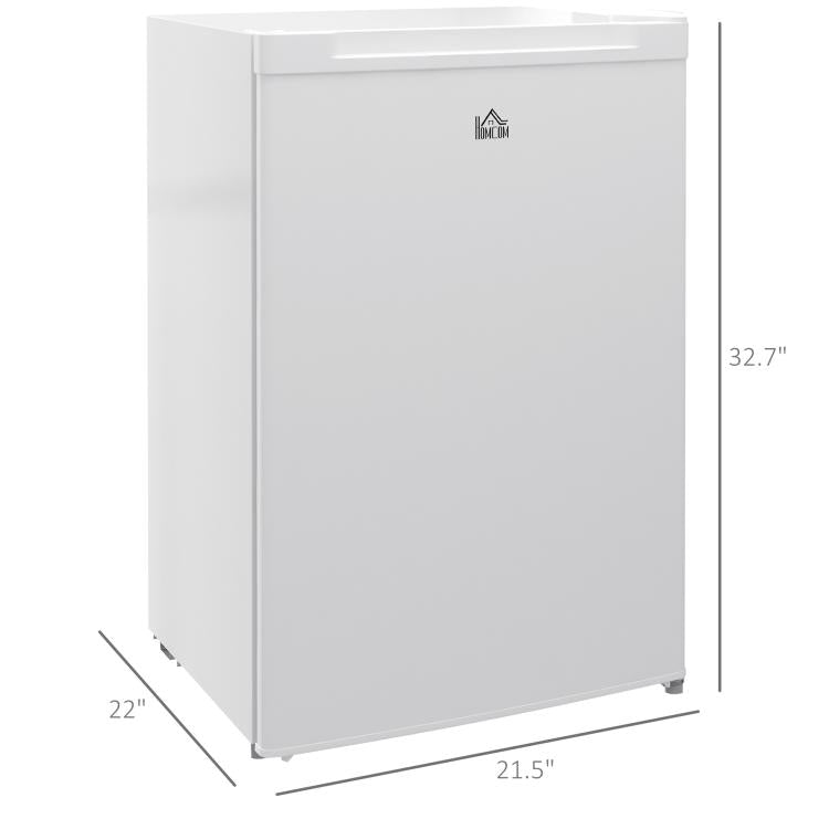 White upright freezer with front door and base feet, shown from front-left