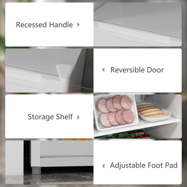 White upright freezer features: recessed handle, reversible door, storage shelf, adjustable feet