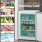 White upright freezer with open door showing teal interior and packaged frozen foods