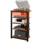 Brown entertainment center with open shelves, storage drawer, steel frame, protective top cover