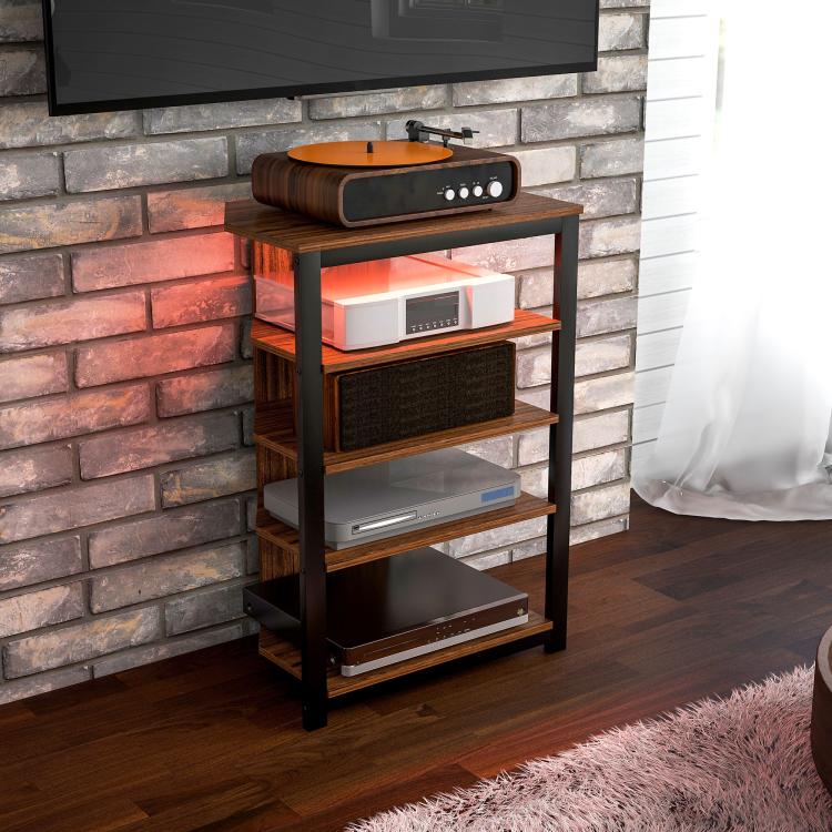 Brown TV stand with steel frame, open shelves and LED-lit lower shelf
