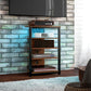 Brown corner TV stand with multiple open shelves and front storage drawer