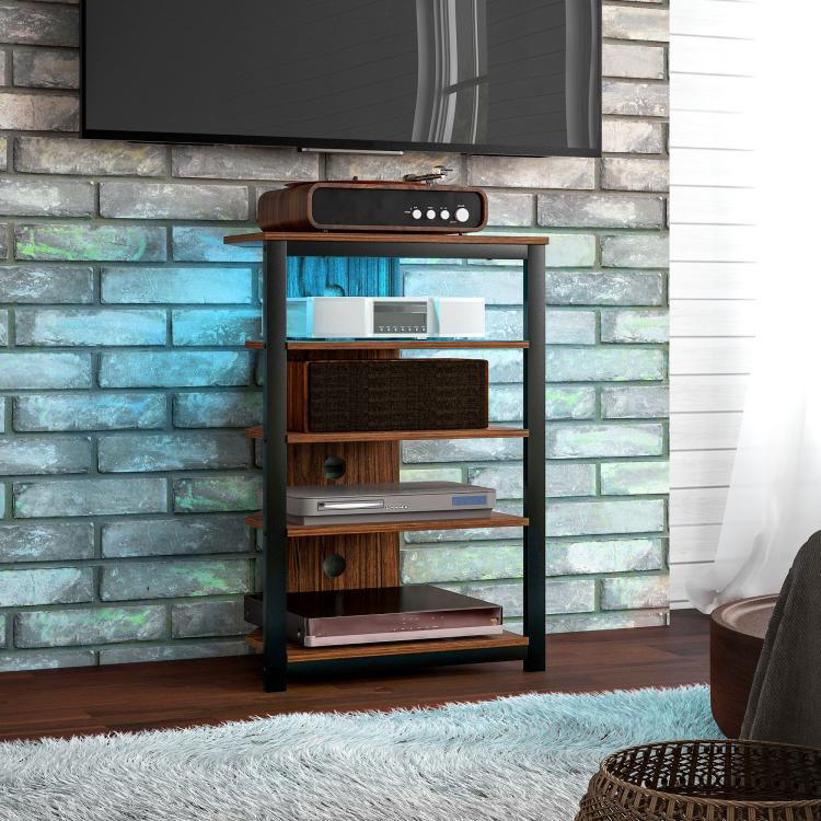 Brown corner TV stand with multiple open shelves and front storage drawer