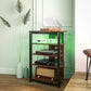 Brown LED TV stand with open shelving and enclosed storage drawer, steel frame