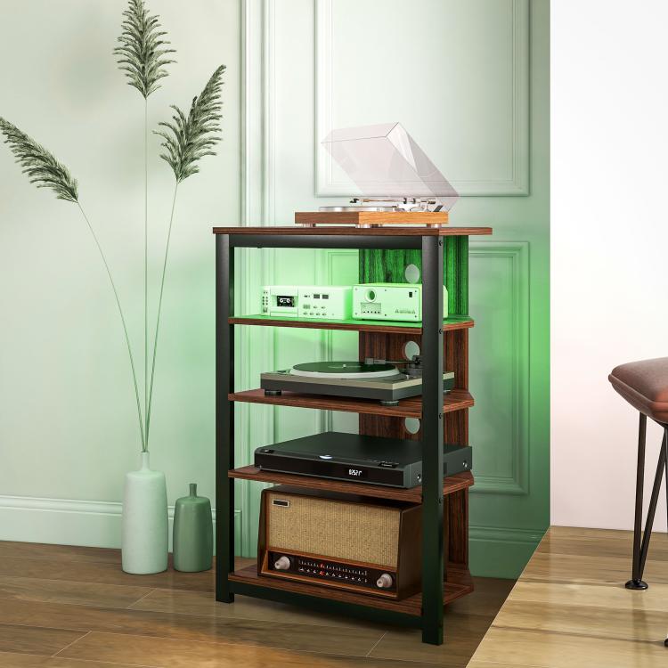 Brown LED TV stand with open shelving and enclosed storage drawer, steel frame