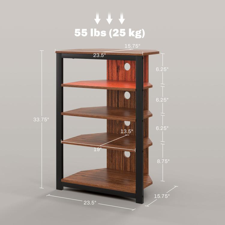 Brown LED TV stand with four open shelves and front storage drawer, steel frame