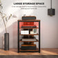 Brown LED TV stand with four-tier open shelves and front storage drawer