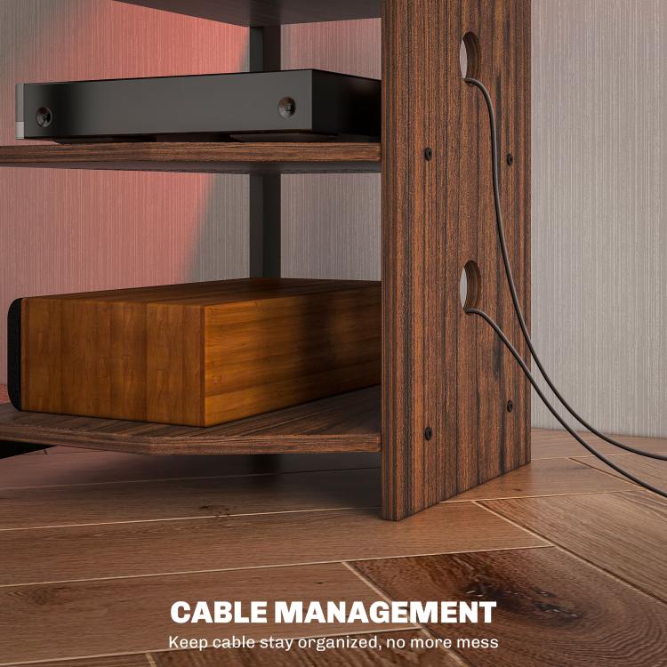 Brown steel TV stand base with cable management cutout and wood side panel
