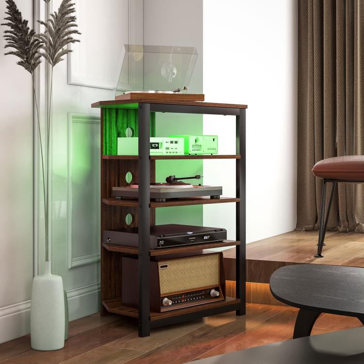 Brown LED TV stand with open shelves and enclosed storage drawer, green light glow