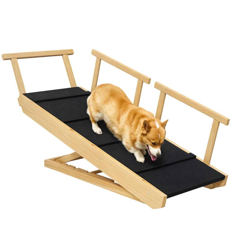 Adjustable dog ramp with black non-slip mat and wooden side rails
