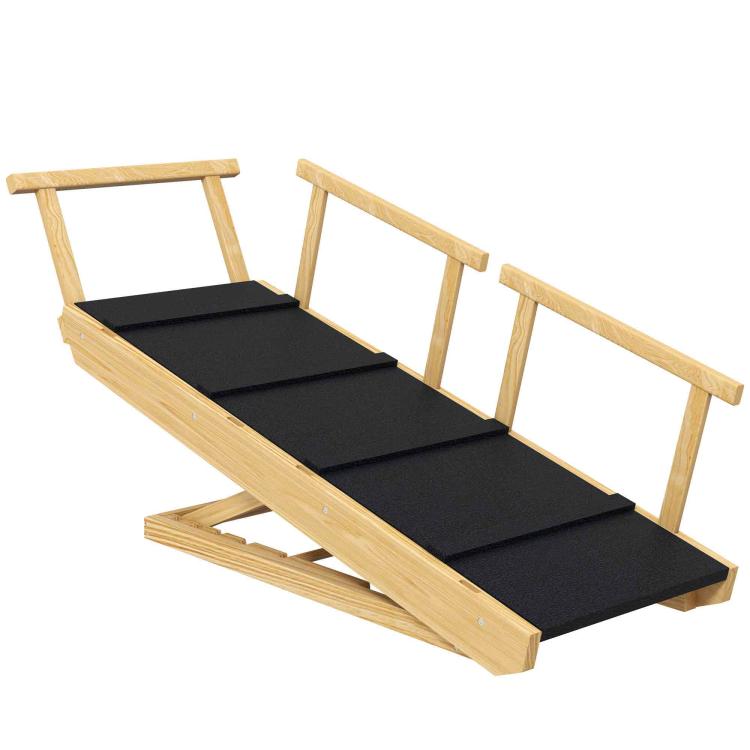 Foldable wooden dog ramp with black non-slip step pads and side rails
