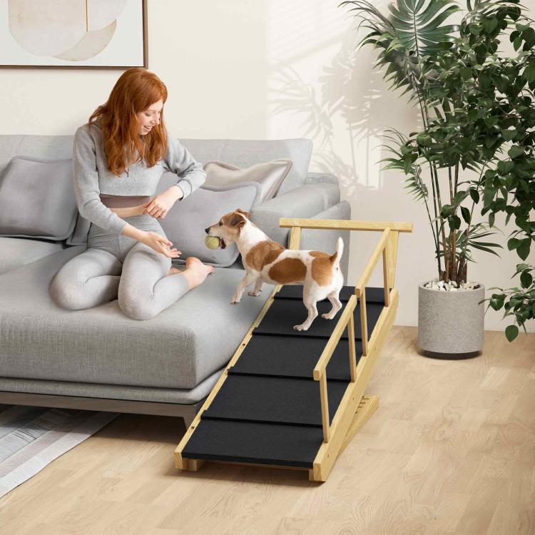 Dog using a wooden adjustable ramp with black anti-slip mat on living room floor