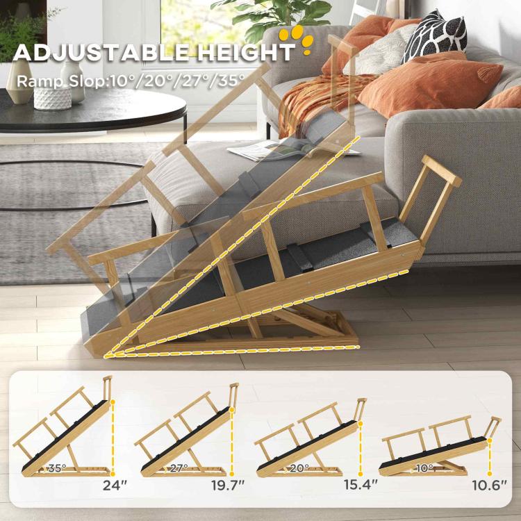 Adjustable height dog ramp with black non-slip mat and folding wooden legs